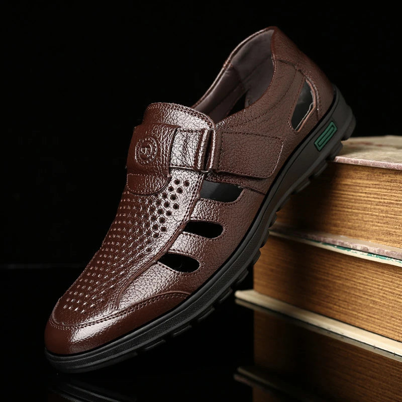 Hollow Leather Closed Toe Sandals Plus Size Breathable Hook And Loop Summer Shoes Comfortable Non Slip Walking Footwear For Men