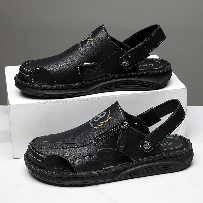 Simple Summer Men Sandals Outdoor Leather Mens Casual Beach Shoes Leisure Walk Male Slippers Non-Slip Slides Classic Half Drag
