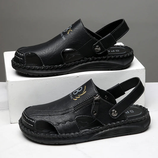 Simple Summer Men Sandals Outdoor Leather Mens Casual Beach Shoes Leisure Walk Male Slippers Non-Slip Slides Classic Half Drag