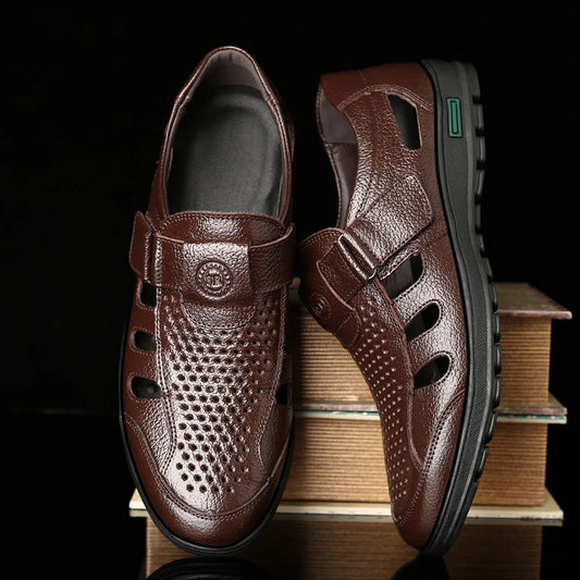 Hollow Leather Closed Toe Sandals Plus Size Breathable Hook And Loop Summer Shoes Comfortable Non Slip Walking Footwear For Men